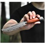 DRACHENADER Damascus Bowie Knife, 10.5 Inch Damascus Knife with Leather Sheath, Handmade Fixed Blade Hunting Knife, Real Damascus Steel with VG10 Core, Wood Handle, Outdoor Bushcraft Knife
