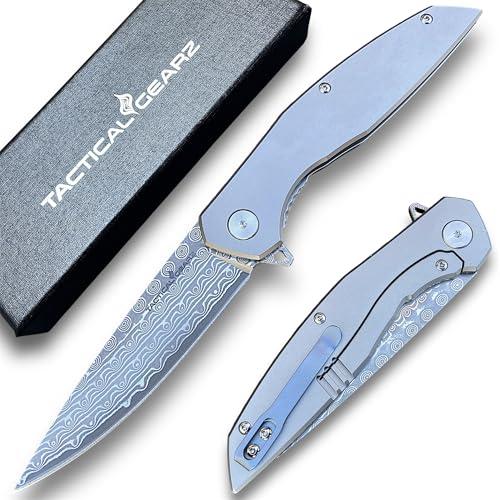 TACTICAL GEARZ Damascus Pocket Folding Knife for EDC, Titanium Handle, 67 Multi-Layered Damascus Steel Blade w/VG10 Core (Volan XT)