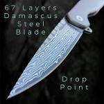 TACTICAL GEARZ Damascus Pocket Folding Knife for EDC, Titanium Handle, 67 Multi-Layered Damascus Steel Blade w/VG10 Core (Volan XT)