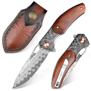 Zingbee Damascus Pocket Knife with Sheath, 3.35" Damascus Steel Blade Knife with Wooden Handle, EDC Pocket Knives & Folding Knives for Outdoor Camping, Ideal Gifts for Men Women