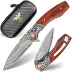 Zingbee Damascus Pocket Knife For Men, Folding Knife With Clip & 3.34" Damascus Steel Blade, EDC Pocket Knife with Sandalwood Handle for Camping Hunting Outdoor