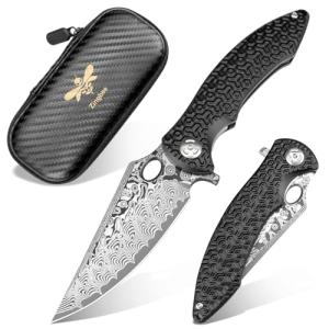 Zingbee Pocket Knife for EDC Damascus Pocket Knife with Black Aluminum Handle 3.3" Damascus Blade Pocket knives & Folding Knives