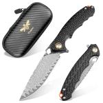 Zingbee Damascus Pocket Knife for Men Women, 3.35" VG10 Core Damascus Steel Blade Folding Knives with Black Aluminum Handle, EDC Camping Knife