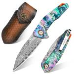 Zingbee Damascus Pocket Knife, 3.03" VG10 Damascus Steel Blade Folding Knife with Abalone Shell Handle, EDC Camping Knives for Outdoor Indoor, Gifts for Women Men