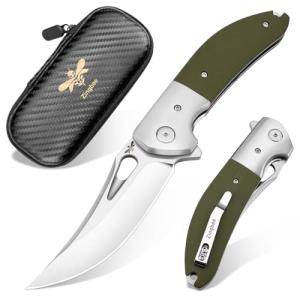 Zingbee Pocket Knife with Clip, 3.7" 14C28N Blade EDC Folding Knife with Green G10 Handle, Outdoor Camping Folding Knives for Men Women