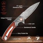 Zingbee Damascus Pocket Knife For Men, Folding Knife With Clip & 3.34" Damascus Steel Blade, EDC Pocket Knife with Sandalwood Handle for Camping Hunting Outdoor