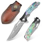 Zingbee Damascus Pocket Knife for Women, 3.15" VG10 Damascus Steel Blade EDC Folding Knife with Sheath, Abalone Shells Handle, Ideal Gifts for Woman Men