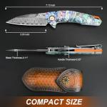 Zingbee Damascus Pocket Knife, 3.03" VG10 Damascus Steel Blade Folding Knife with Abalone Shell Handle, EDC Camping Knives for Outdoor Indoor, Gifts for Women Men