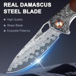Zingbee Damascus Pocket Knife with Sheath, 3.35" Damascus Steel Blade Knife with Wooden Handle, EDC Pocket Knives & Folding Knives for Outdoor Camping, Ideal Gifts for Men Women