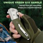 Zingbee Pocket Knife with Clip, 3.7" 14C28N Blade EDC Folding Knife with Green G10 Handle, Outdoor Camping Folding Knives for Men Women