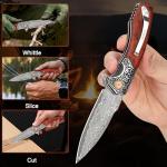 Zingbee Damascus Pocket Knife For Men, Folding Knife With Clip & 3.34" Damascus Steel Blade, EDC Pocket Knife with Sandalwood Handle for Camping Hunting Outdoor