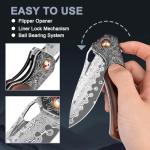 Zingbee Damascus Pocket Knife with Sheath, 3.35" Damascus Steel Blade Knife with Wooden Handle, EDC Pocket Knives & Folding Knives for Outdoor Camping, Ideal Gifts for Men Women