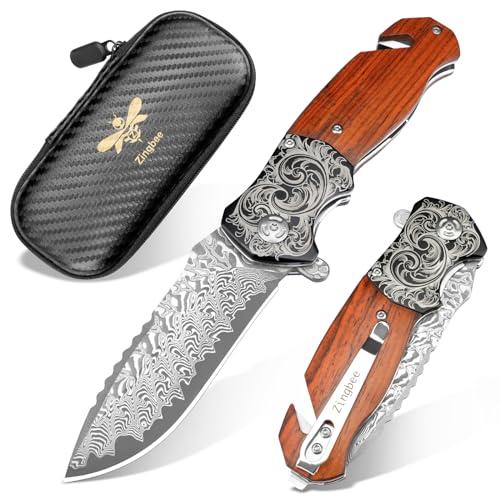 Zingbee Pocket Knife with Glass Breaker, EDC Damascus Folding Knife with Seatbelt Cutter, 3.35" VG10 Damascus Steel Blade Multitool Pocket Knives with Wood Handle