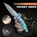 Zingbee Damascus Pocket Knife, 3.03" VG10 Damascus Steel Blade Folding Knife with Abalone Shell Handle, EDC Camping Knives for Outdoor Indoor, Gifts for Women Men