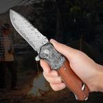 Zingbee Pocket Knife with Glass Breaker, EDC Damascus Folding Knife with Seatbelt Cutter, 3.35" VG10 Damascus Steel Blade Multitool Pocket Knives with Wood Handle