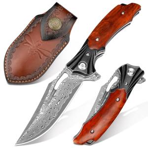 Zingbee Damascus Pocket Knife for Men Women, Wood Handle Folding Knife with Sheath, 3.15" Damascus Steel Blade Pocket Knives for Outdoor