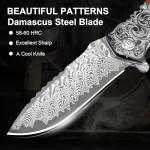 Zingbee Pocket Knife with Glass Breaker, EDC Damascus Folding Knife with Seatbelt Cutter, 3.35" VG10 Damascus Steel Blade Multitool Pocket Knives with Wood Handle