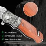 Zingbee Pocket Knife with Glass Breaker, EDC Damascus Folding Knife with Seatbelt Cutter, 3.35" VG10 Damascus Steel Blade Multitool Pocket Knives with Wood Handle