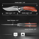 Zingbee Damascus Pocket Knife for Men Women, Wood Handle Folding Knife with Sheath, 3.15" Damascus Steel Blade Pocket Knives for Outdoor