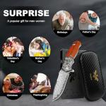 Zingbee Pocket Knife with Glass Breaker, EDC Damascus Folding Knife with Seatbelt Cutter, 3.35" VG10 Damascus Steel Blade Multitool Pocket Knives with Wood Handle