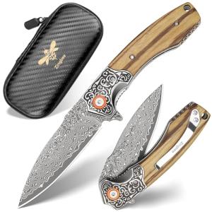 Zingbee Damascus Pocket Knife For Men, Folding Knife With Clip & 3.34" Damascus Steel Blade, EDC Pocket Knife with Zebra Wood Handle for Camping Hunting Outdoor