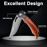 Zingbee Damascus Pocket Knife for Men Women, Wood Handle Folding Knife with Sheath, 3.15" Damascus Steel Blade Pocket Knives for Outdoor