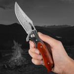 Zingbee Damascus Pocket Knife for Men Women, Wood Handle Folding Knife with Sheath, 3.15" Damascus Steel Blade Pocket Knives for Outdoor