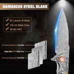 Zingbee Damascus Pocket Knife For Men, Folding Knife With Clip & 3.34" Damascus Steel Blade, EDC Pocket Knife with Zebra Wood Handle for Camping Hunting Outdoor