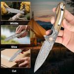 Zingbee Damascus Pocket Knife For Men, Folding Knife With Clip & 3.34" Damascus Steel Blade, EDC Pocket Knife with Zebra Wood Handle for Camping Hunting Outdoor