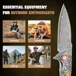 Zingbee Damascus Pocket Knife For Men, Folding Knife With Clip & 3.34" Damascus Steel Blade, EDC Pocket Knife with Zebra Wood Handle for Camping Hunting Outdoor