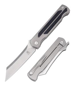 KATSU Camping Pocket Folding Japanese Knife, Titanium & Carbon Fiber Handle, Frame Lock, Stonewashed Cleaver Razor Blade with CPM S35VN Steel, Leather Sheath