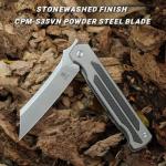 KATSU Camping Pocket Folding Japanese Knife, Titanium & Carbon Fiber Handle, Frame Lock, Stonewashed Cleaver Razor Blade with CPM S35VN Steel, Leather Sheath