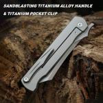 KATSU Camping Pocket Folding Japanese Knife, Titanium & Carbon Fiber Handle, Frame Lock, Stonewashed Cleaver Razor Blade with CPM S35VN Steel, Leather Sheath