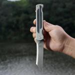 KATSU Camping Pocket Folding Japanese Knife, Titanium & Carbon Fiber Handle, Frame Lock, Stonewashed Cleaver Razor Blade with CPM S35VN Steel, Leather Sheath