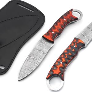 Hunting Knife Damascus Steel EDC Fixed Blade Bushcraft Knife, Full Tang Scout Carry Knife with Leather Sheath, Ideal for Skinning Outdoor Camping, Hunting, Hiking, Survival Knives (Damascus Knife)