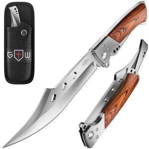 Long Blade Folding Knife - Sharp Hunting Hiking Camping Tactical Survival Work Knives for Men Women - Foldable Large Knife with Rosewood Handle - Fits any Knife Sharpener - Stocking Stuffers Gifts 4172