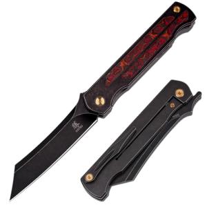 KATSU Camping Pocket Folding Japanese Knife, CPM S35VN Blade, Black Stonewashed Titanium Handle With Mars Valley Fat Carbon Fiber Inlay