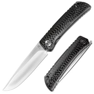 KATSU Folding Pocket Japanese Knife, Carbon Fiber Handle, EDC Knife w/154CM Steel Blade, Leather Sheath