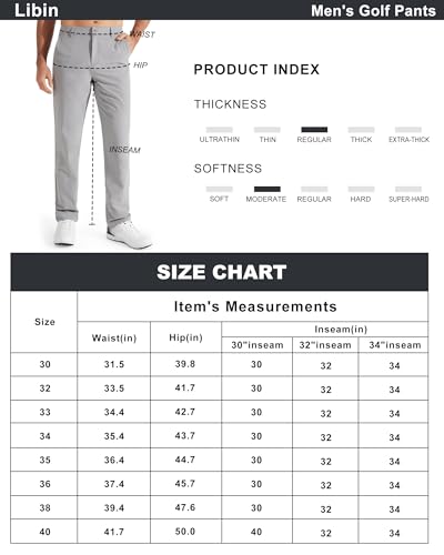 Libin Men's Stretch Golf Pants, Light Grey, 34W x 30L