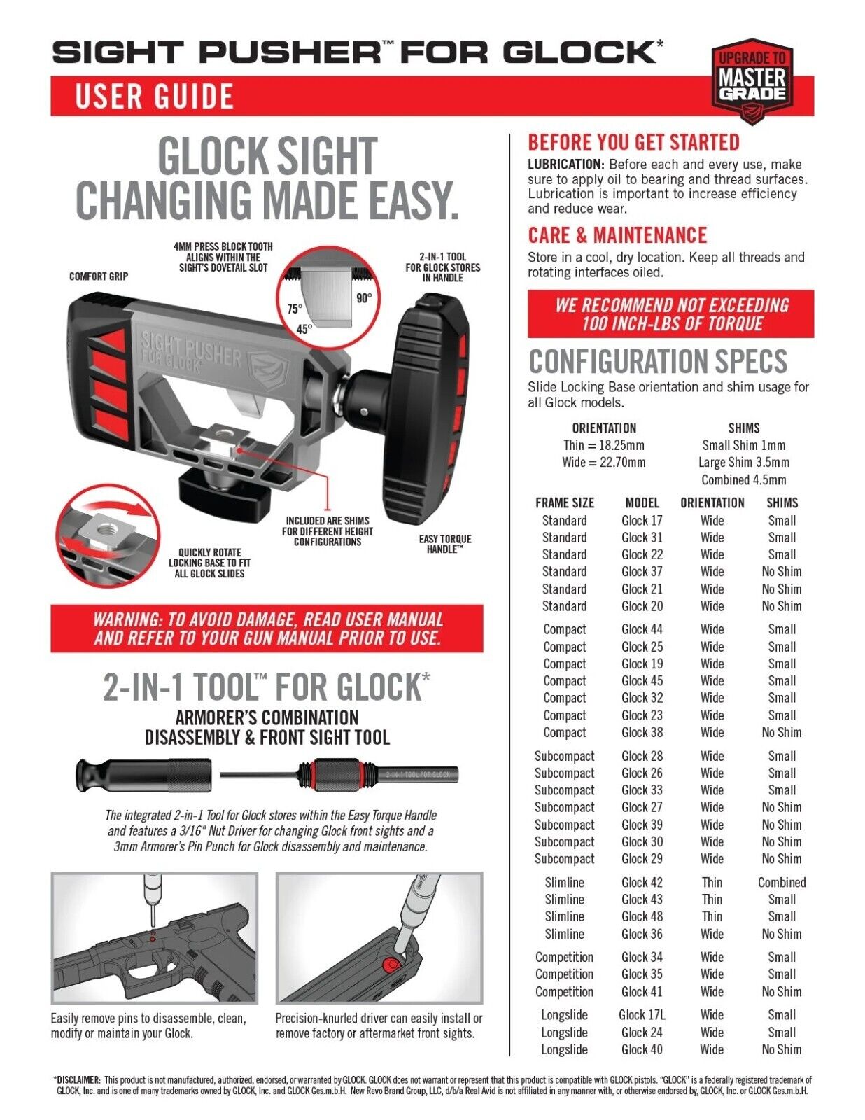Real Avid Master Sight Pusher Tool For Glock Handguns