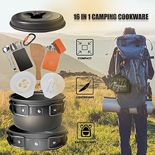 16 Piece Hiking Cookware Set: Spork, Stove, Non-stick
