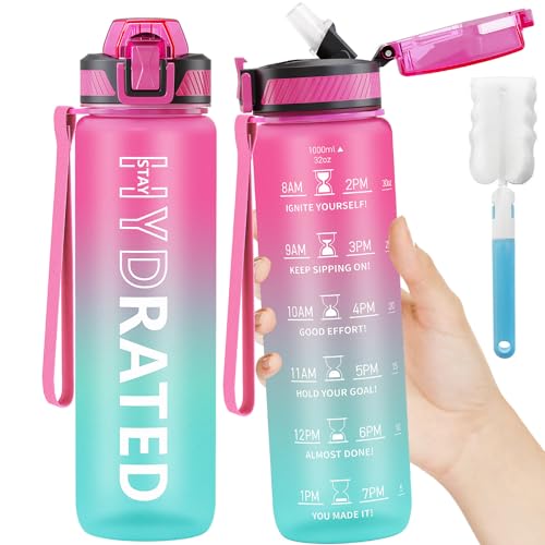 1L Motivational Water Bottle with Straw, LeakProof, BPA-Free
