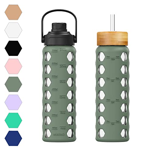 MUKOKO 32oz Glass Water Bottle, Olive