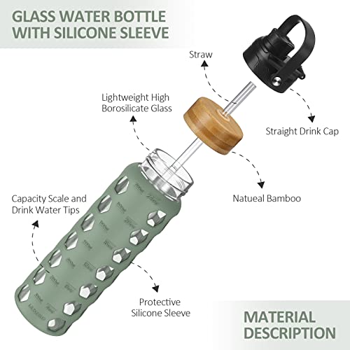 MUKOKO 32oz Glass Water Bottle, Olive