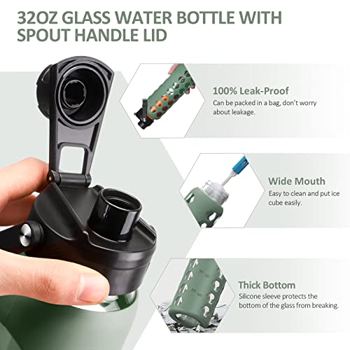 MUKOKO 32oz Glass Water Bottle, Olive