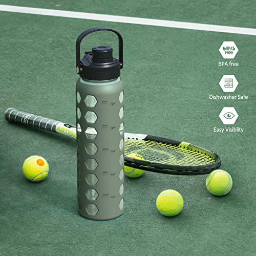 MUKOKO 32oz Glass Water Bottle, Olive