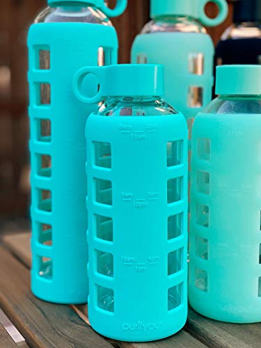 purifyou 32oz Aqua Blue Glass Water Bottle
