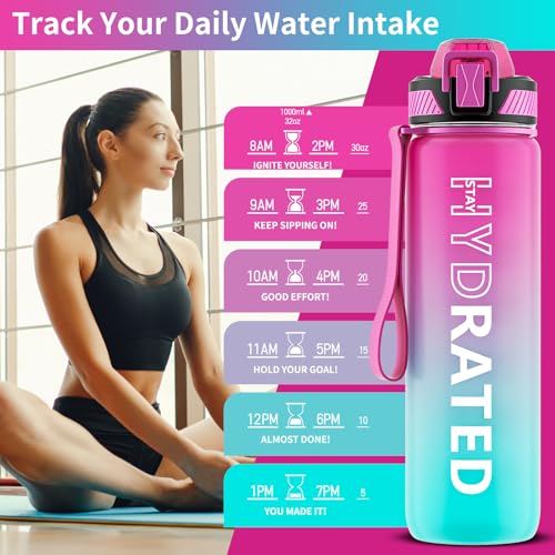 1L Motivational Water Bottle with Straw, LeakProof, BPA-Free