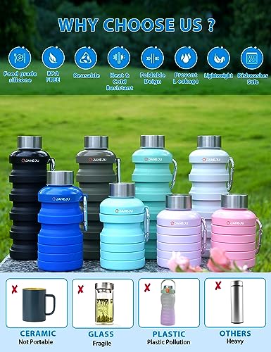 Collapsible Silicone Water Bottle, 17oz Lightweight Portable