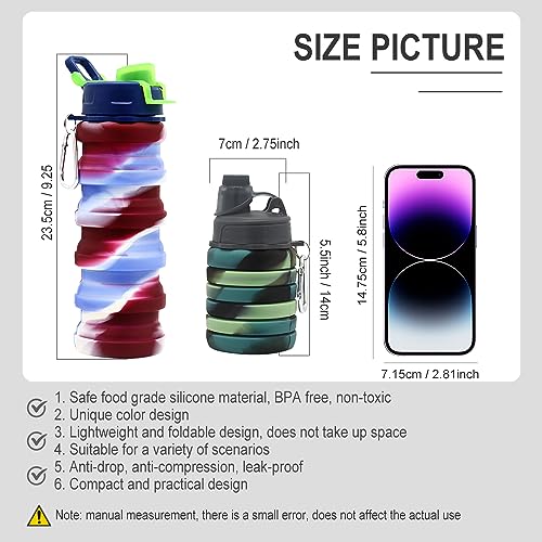 Silicone Collapsible Water Bottles, 16oz/500ml, Portable & Foldable